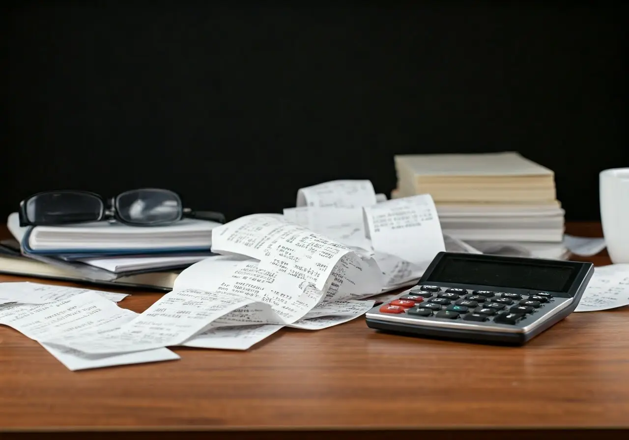 A cluttered desk with scattered receipts and a calculator. 35mm stock photo