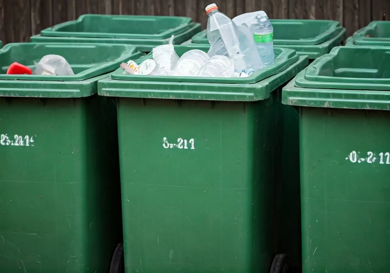 Green recycling bins filled with sorted recyclable materials. 35mm stock photo