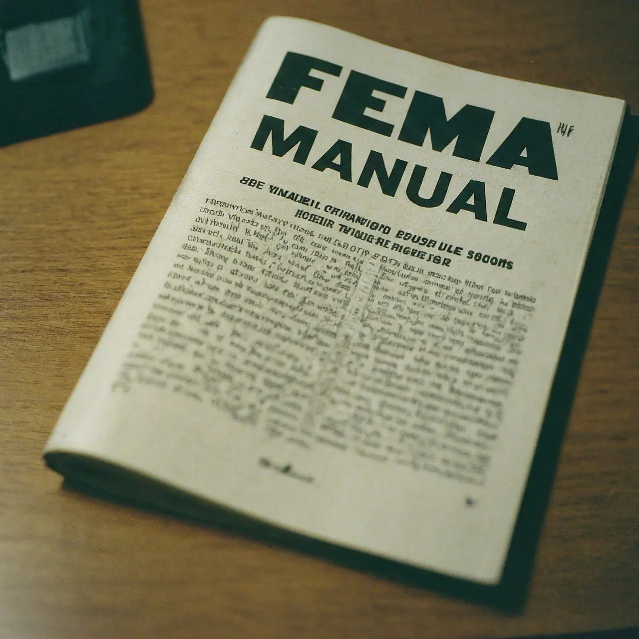 A close-up of a FEMA manual open on a desk. 35mm stock photo