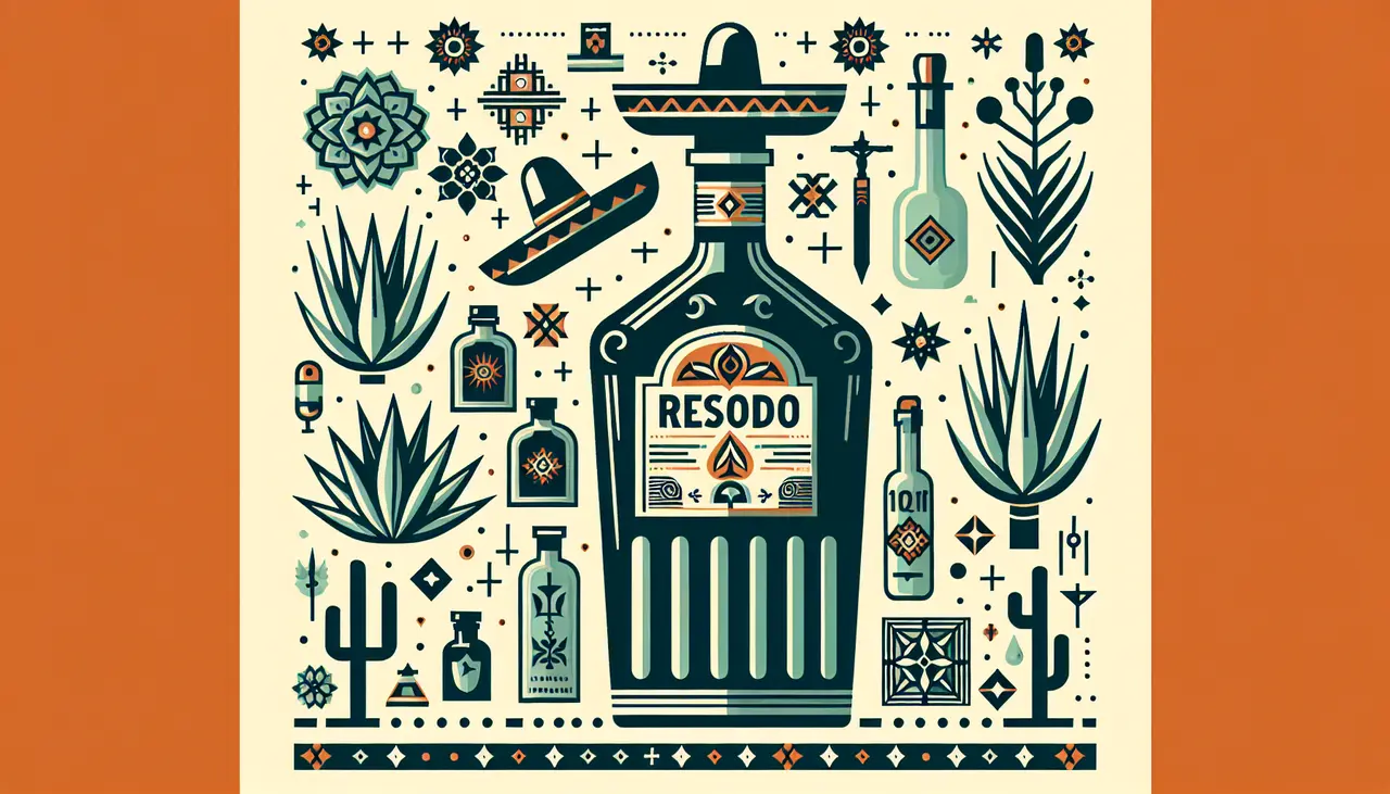 Draw a graphic in flat design style. A simple flat design illustration of a reposado tequila bottle with a sombrero, surrounded by agave plants and traditional Mexican motifs.