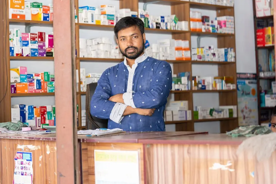 Professional pharmacist in modern drugstore, space for text