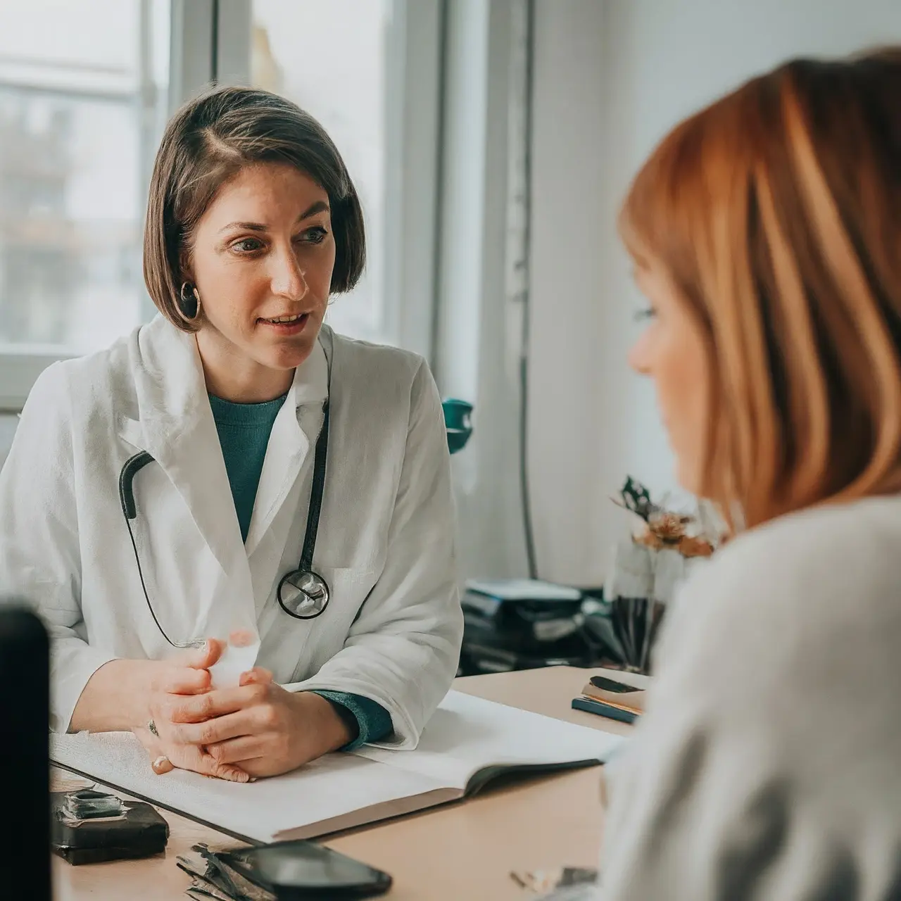 Doctor consulting with patient about treatment plan in office. 35mm stock photo