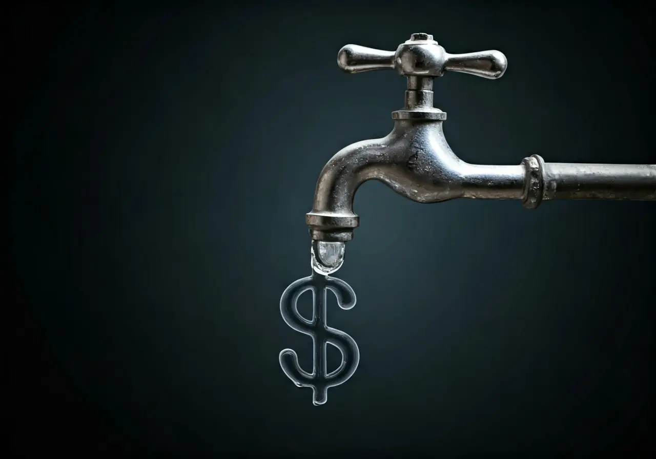 Water faucet with a leaking dollar sign-shaped drip. 35mm stock photo