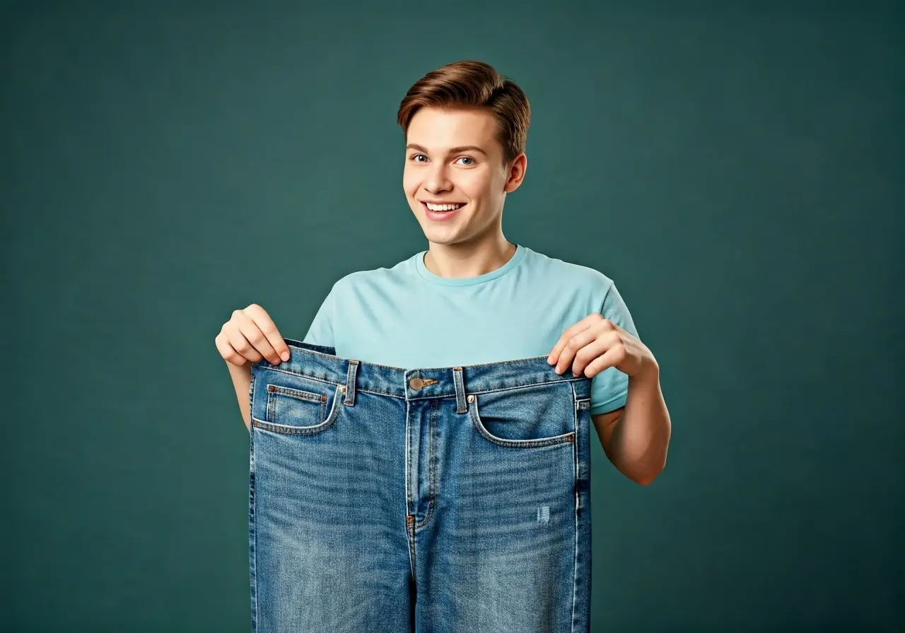 A smiling person holding oversized jeans to show weight loss. 35mm stock photo