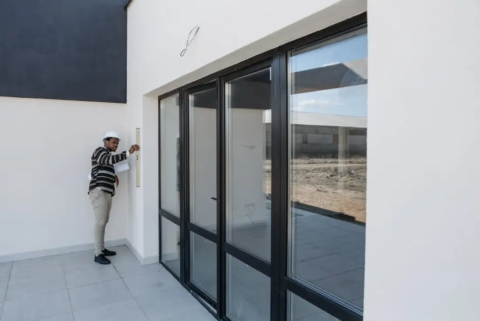 Architect in hard hat inspecting glass door in modern house construction.