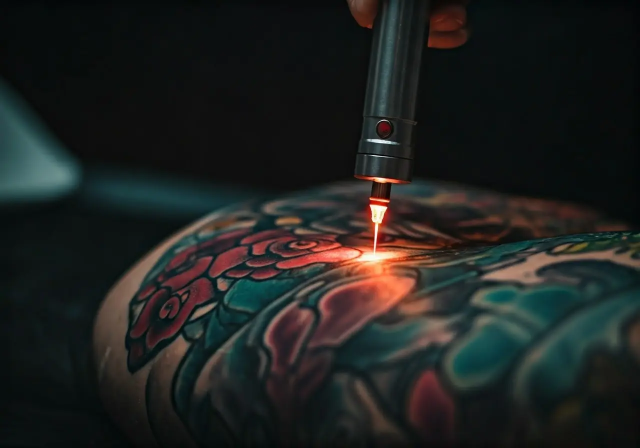 Close-up of a laser device on a colorful tattoo. 35mm stock photo