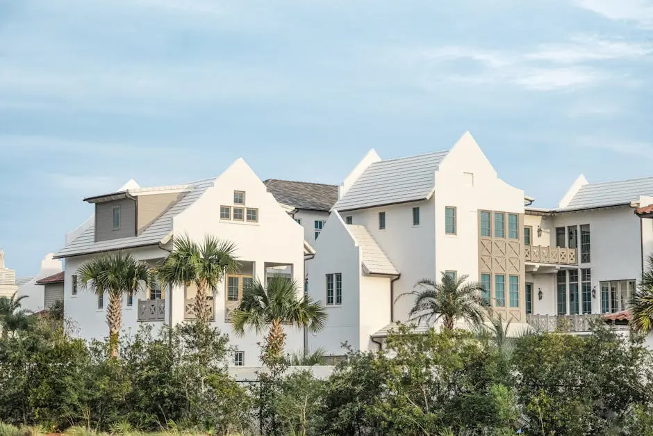 Beautiful white houses with a tropical setting in Alys Beach, Florida.