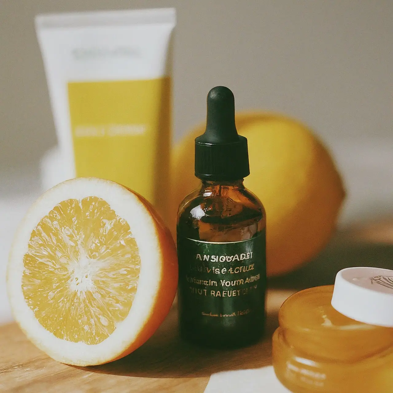 A bottle of vitamin C serum next to skincare products. 35mm stock photo