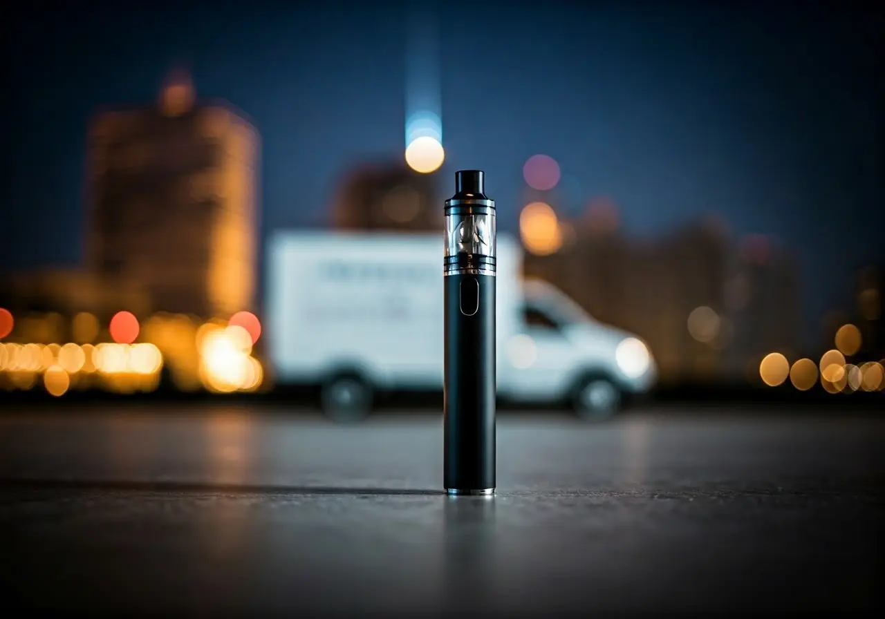 A vape pen and delivery truck over a city skyline. 35mm stock photo