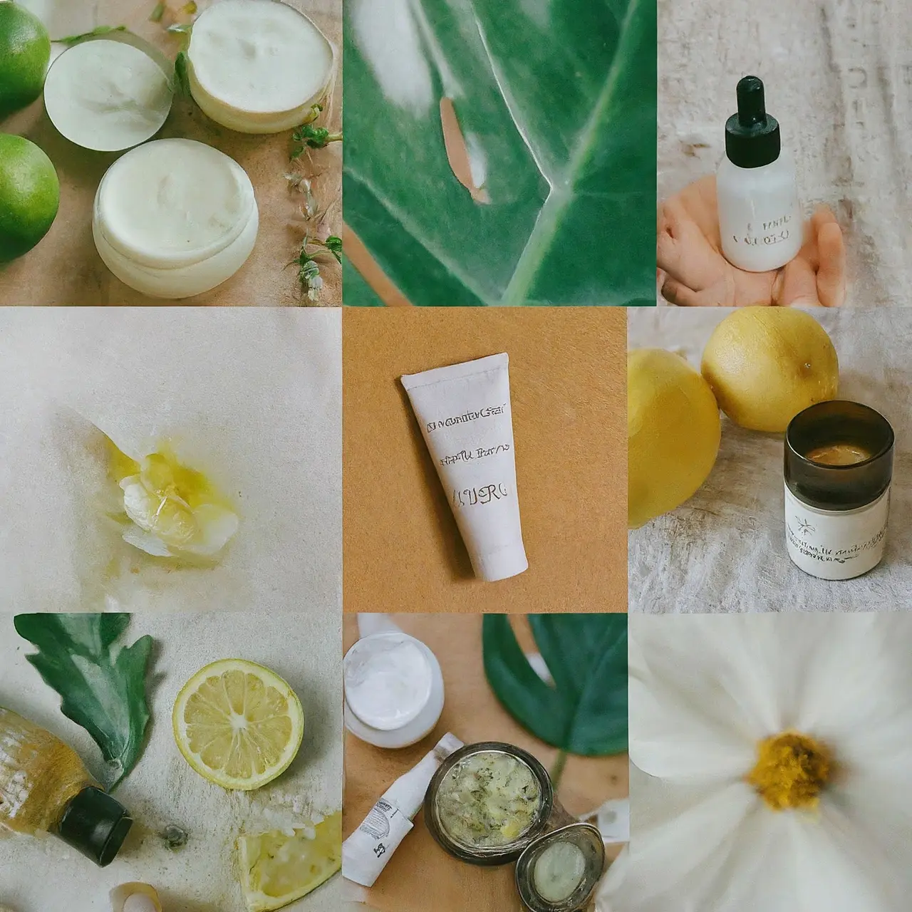 A collage of cruelty-free skincare products and natural ingredients. 35mm stock photo