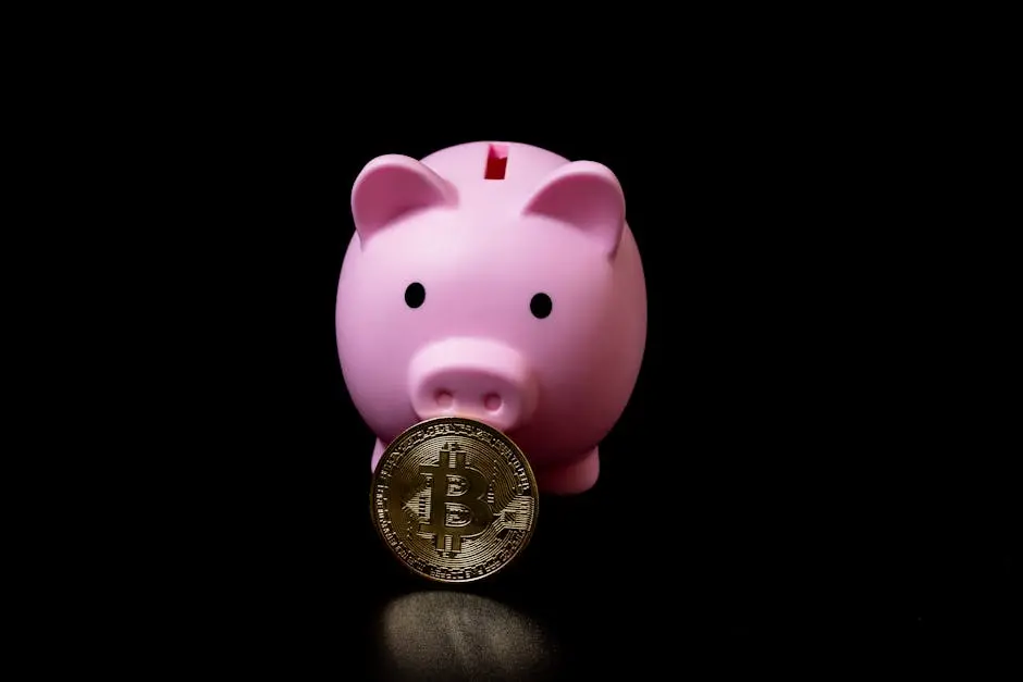 Golden bitcoin with a pink piggy bank, on a black background. Investments in cryptocurrency. How to safely save money.