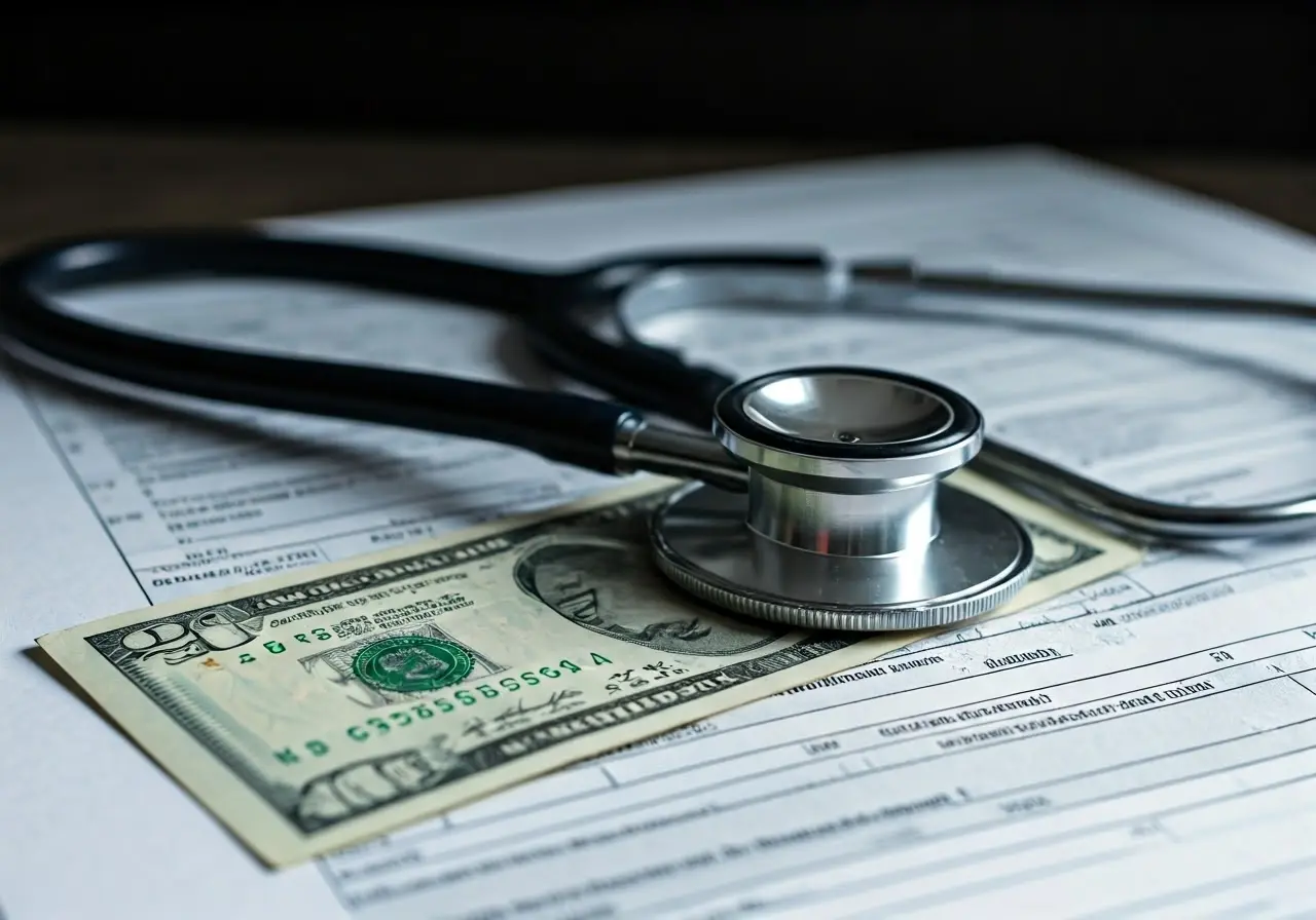 A stethoscope beside a dollar bill and medical forms. 35mm stock photo