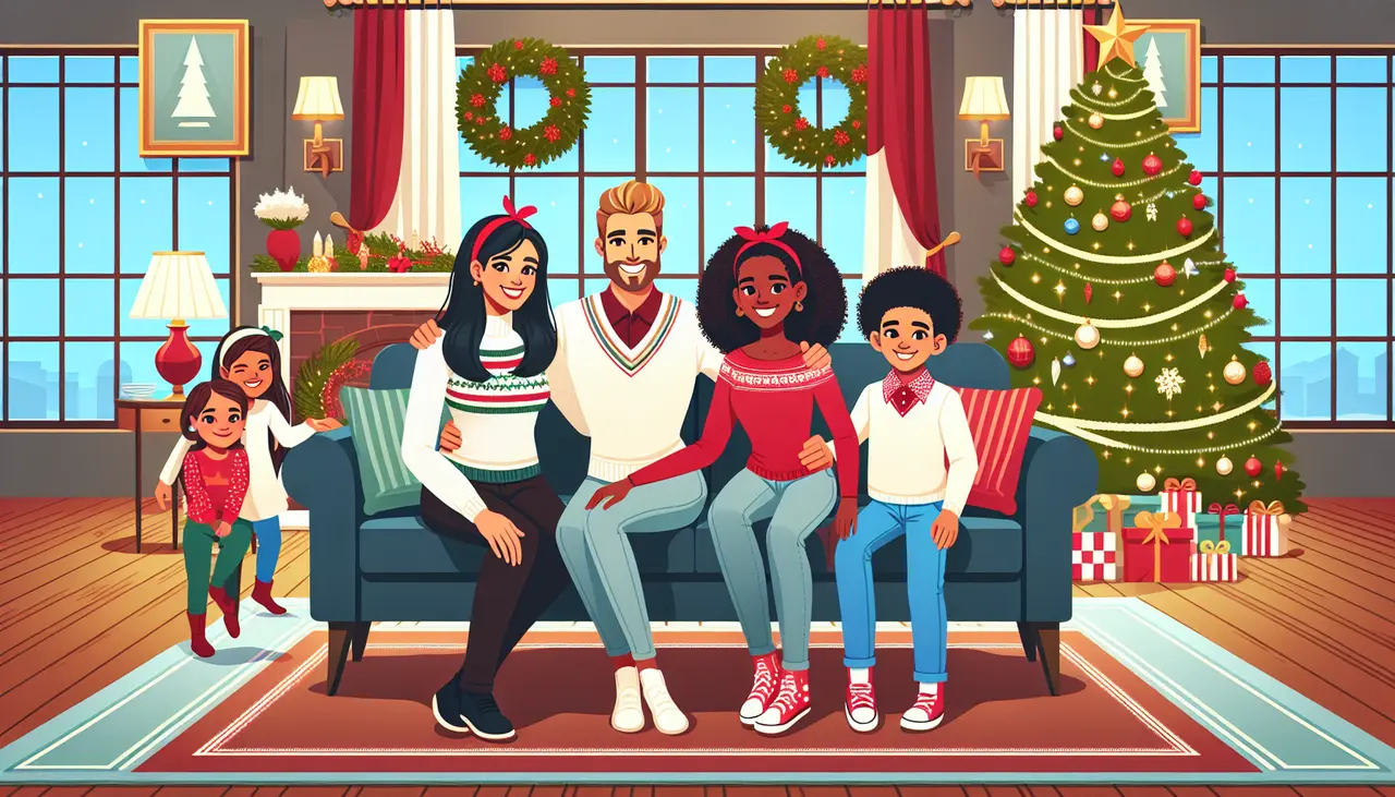 Draw a graphic in flat design style. Design a cozy living room with a family smiling and posing for a Christmas card, with a decorated tree in the background.