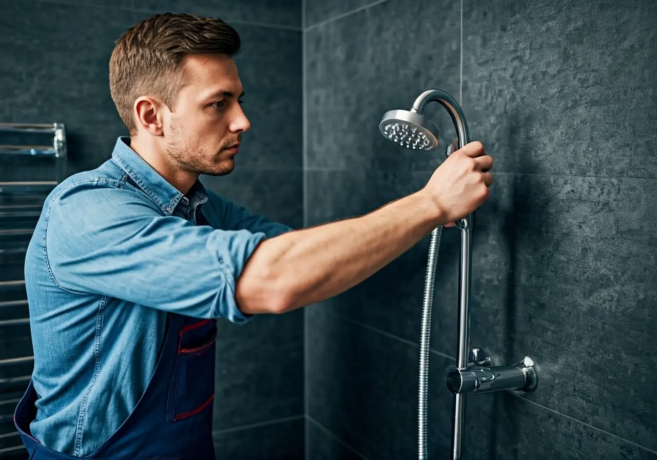 A plumber installing a modern showerhead in a bathroom. 35mm stock photo