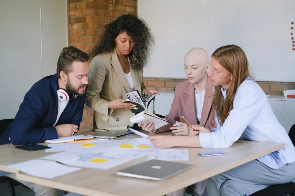 Group of multiracial businesspeople speaking and sharing data about project and analyzing reports in notebooks at table in office