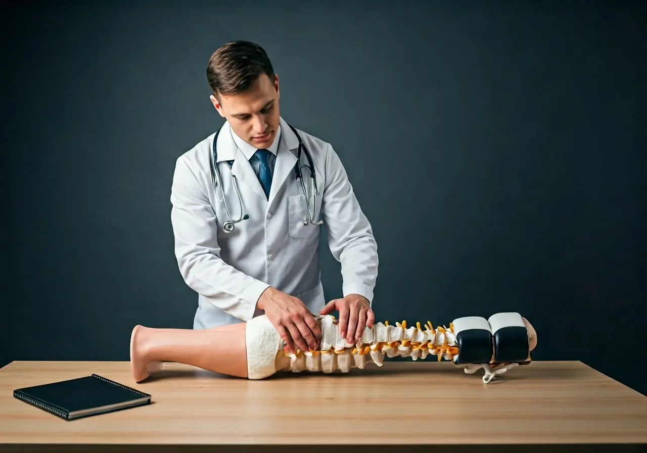 Chiropractor adjusting a model spine on an office desk. 35mm stock photo