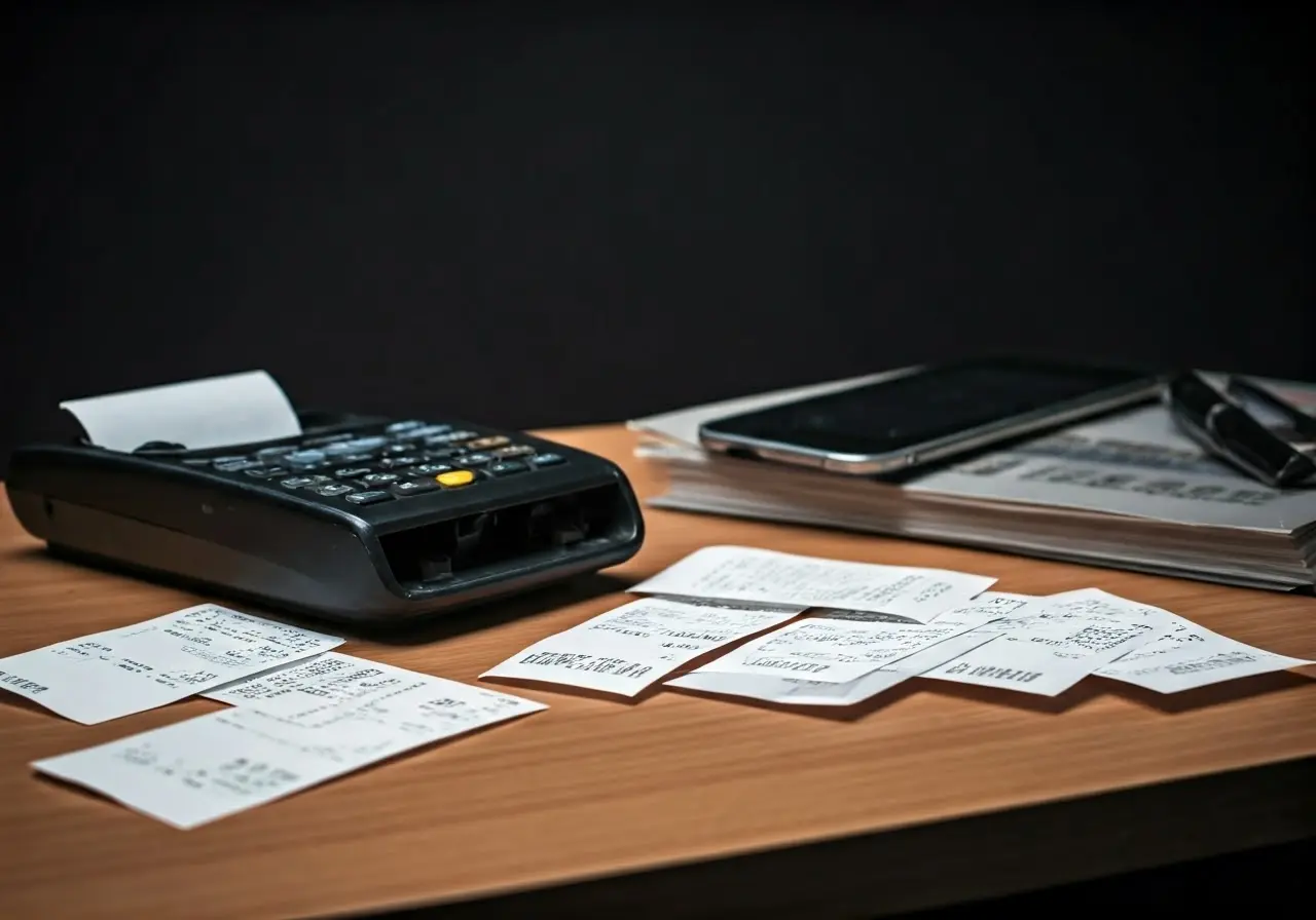 A cluttered desk with scattered receipts and a visible scanner. 35mm stock photo