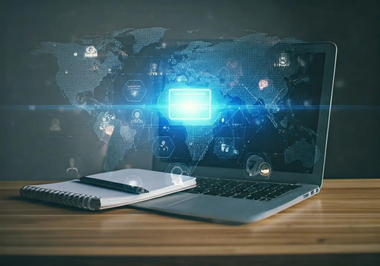 Laptop and notebook on a desk with virtual class icons. 35mm stock photo