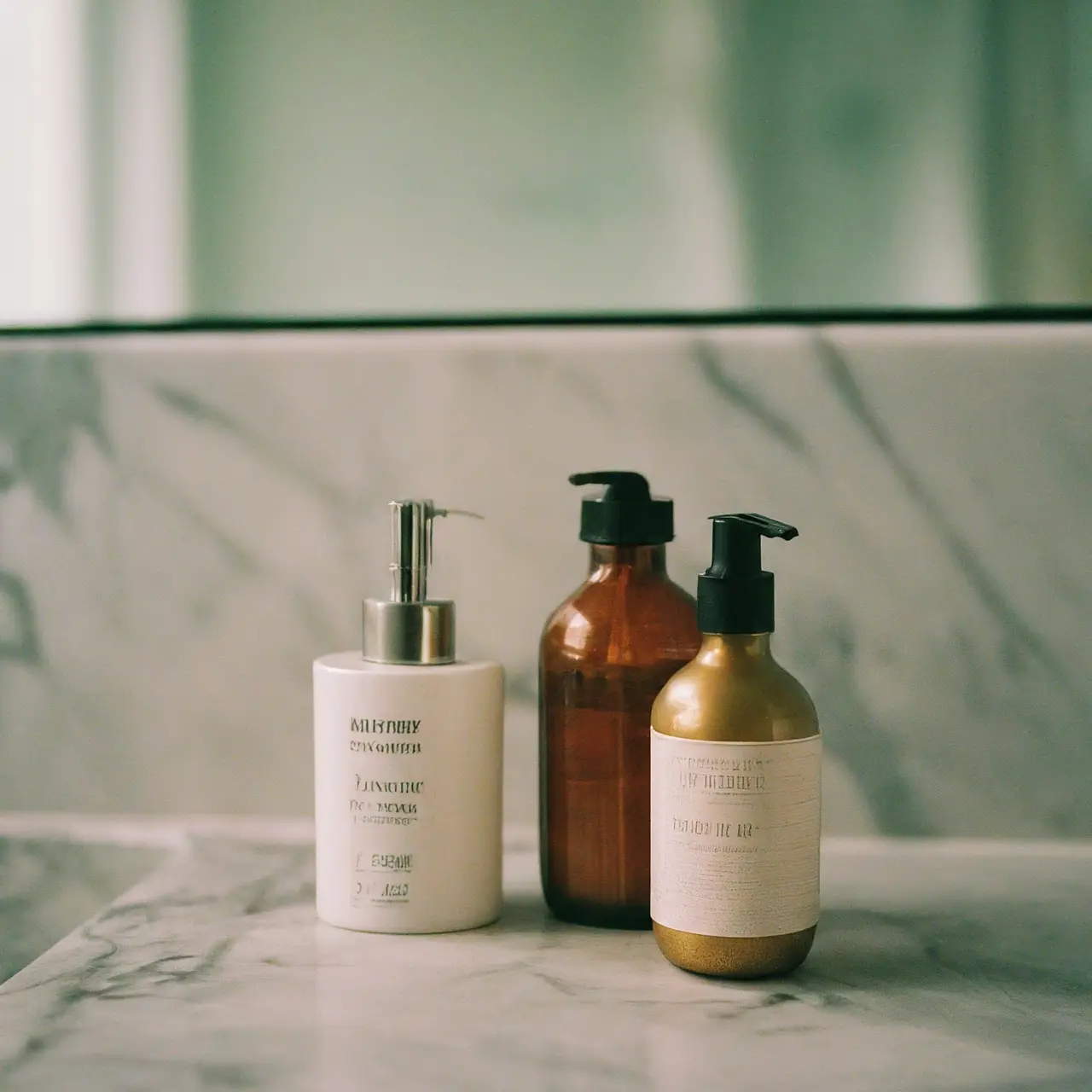 A variety of skincare products on a marble bathroom counter. 35mm stock photo