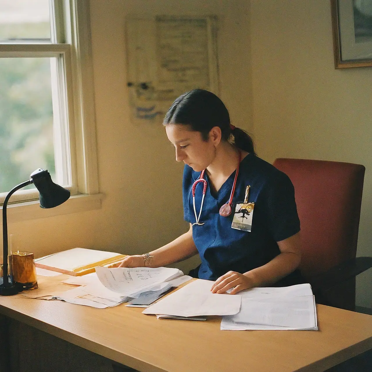 A person reviewing medical documents in a cozy study area. 35mm stock photo