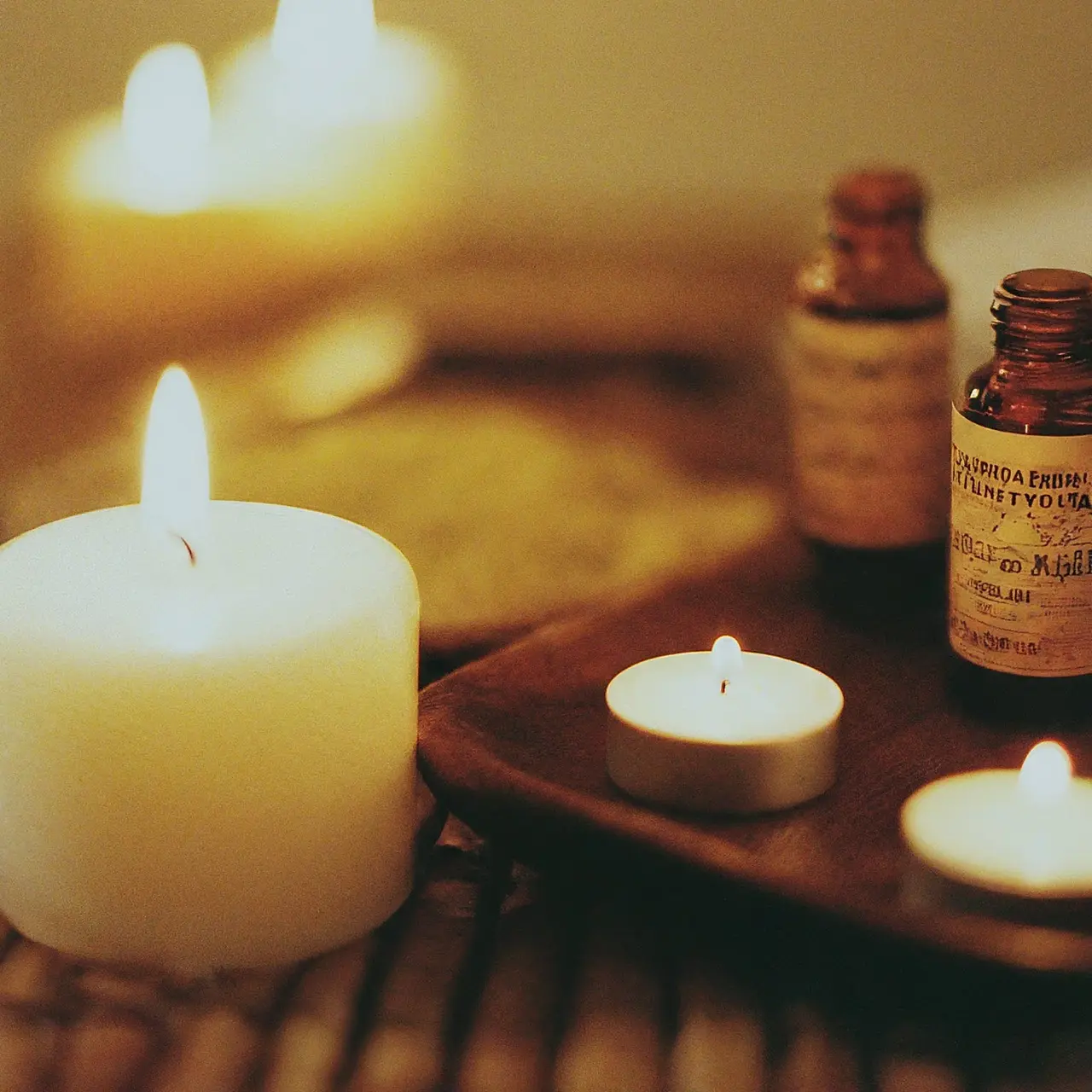 A serene spa setting with candles and essential oils. 35mm stock photo