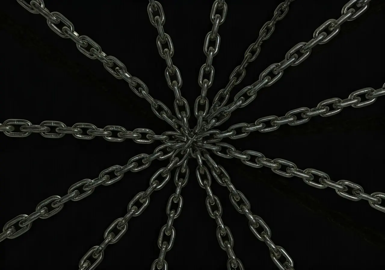 A digital illustration of interconnected chains forming a web. 35mm stock photo