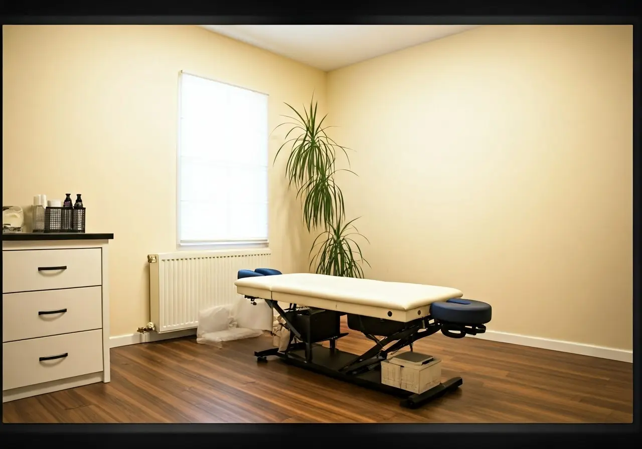 A serene chiropractic office with a massage table and equipment. 35mm stock photo