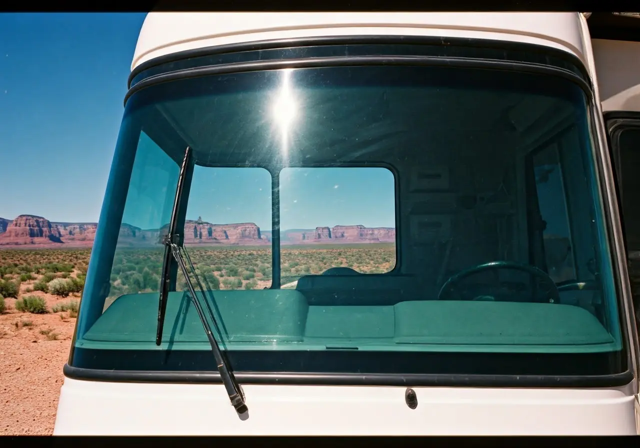 A clean RV windshield with a scenic Arizona desert background. 35mm stock photo