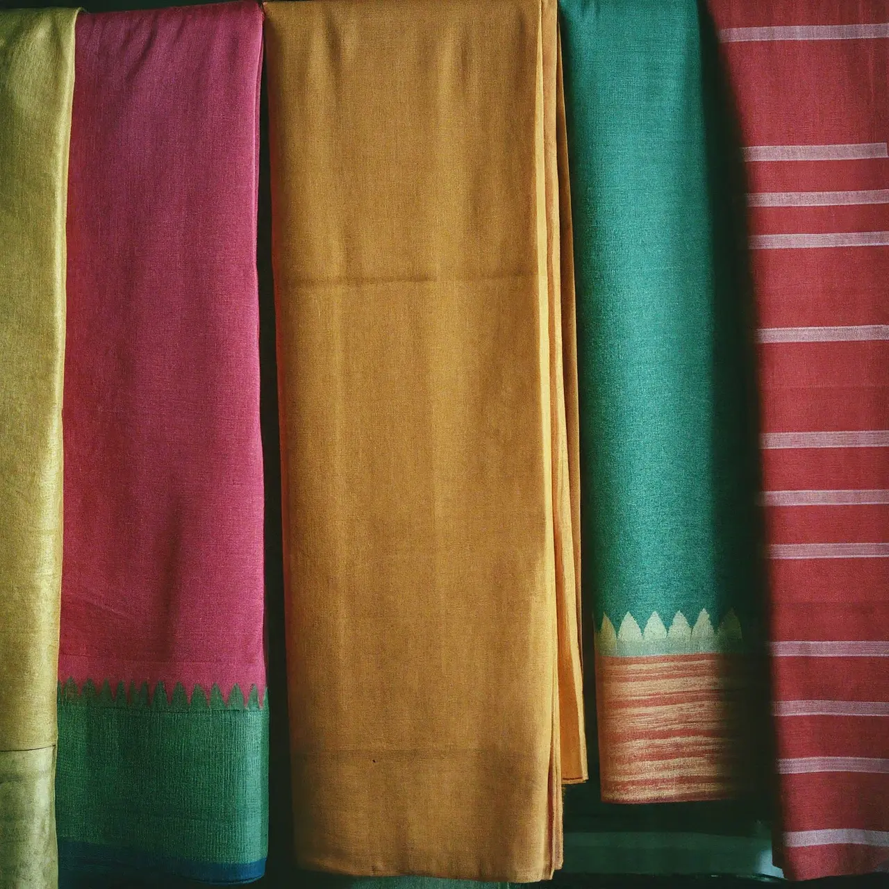 Colorful Bengali handloom sarees displayed in an artisan’s workshop. 35mm stock photo