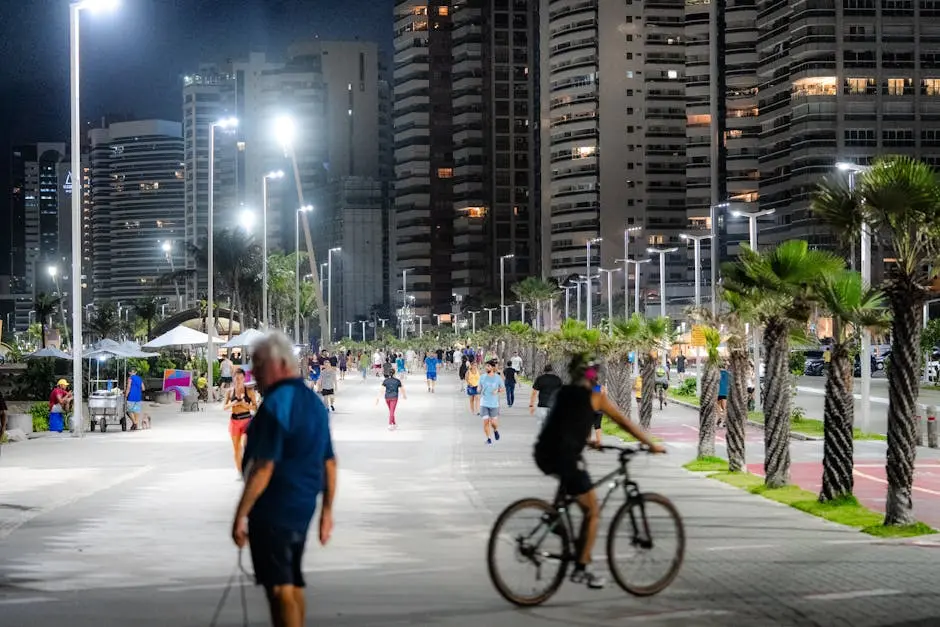 People on Illuminated Promenade at Night