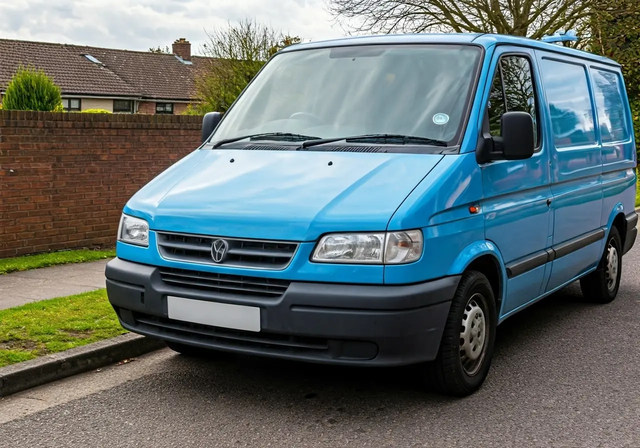 A locksmith van parked on a residential street. 35mm stock photo