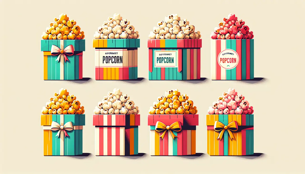 Draw a graphic in flat design style. A colorful, neatly arranged assortment of gourmet popcorn in decorative gift boxes against a plain background.