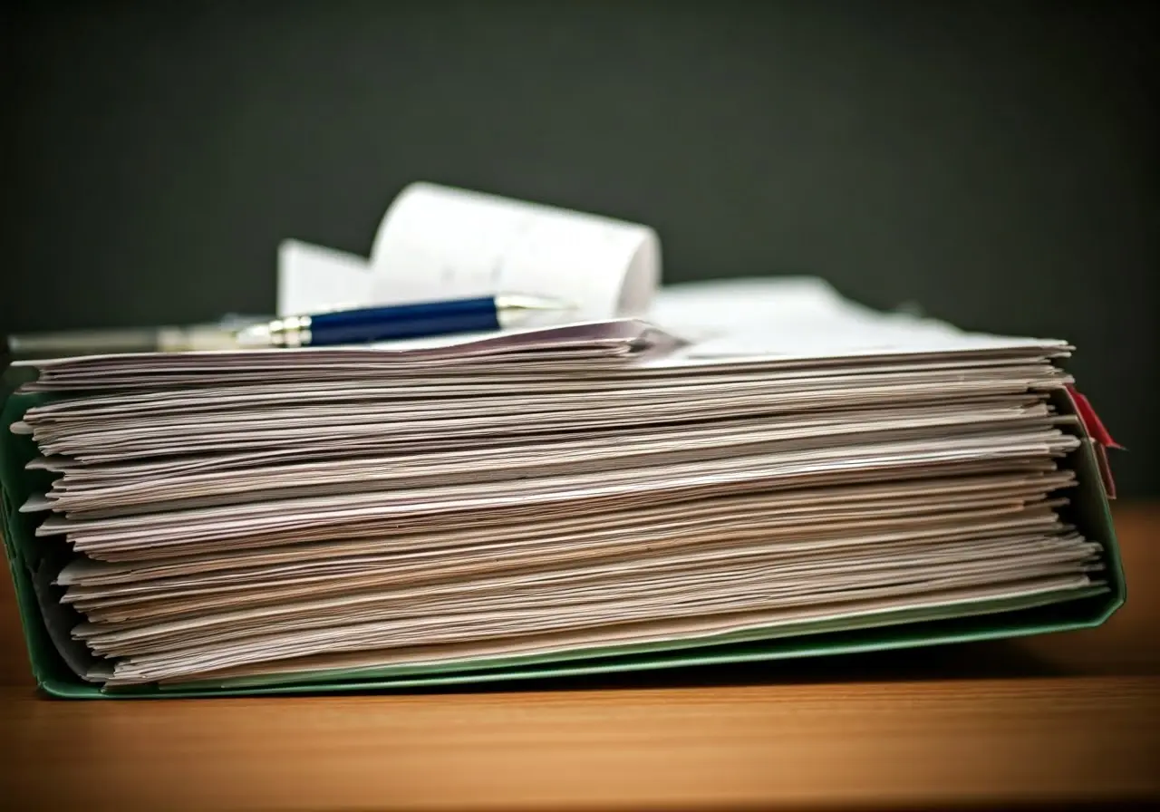 A cluttered desk with neatly organized receipts in a file folder. 35mm stock photo