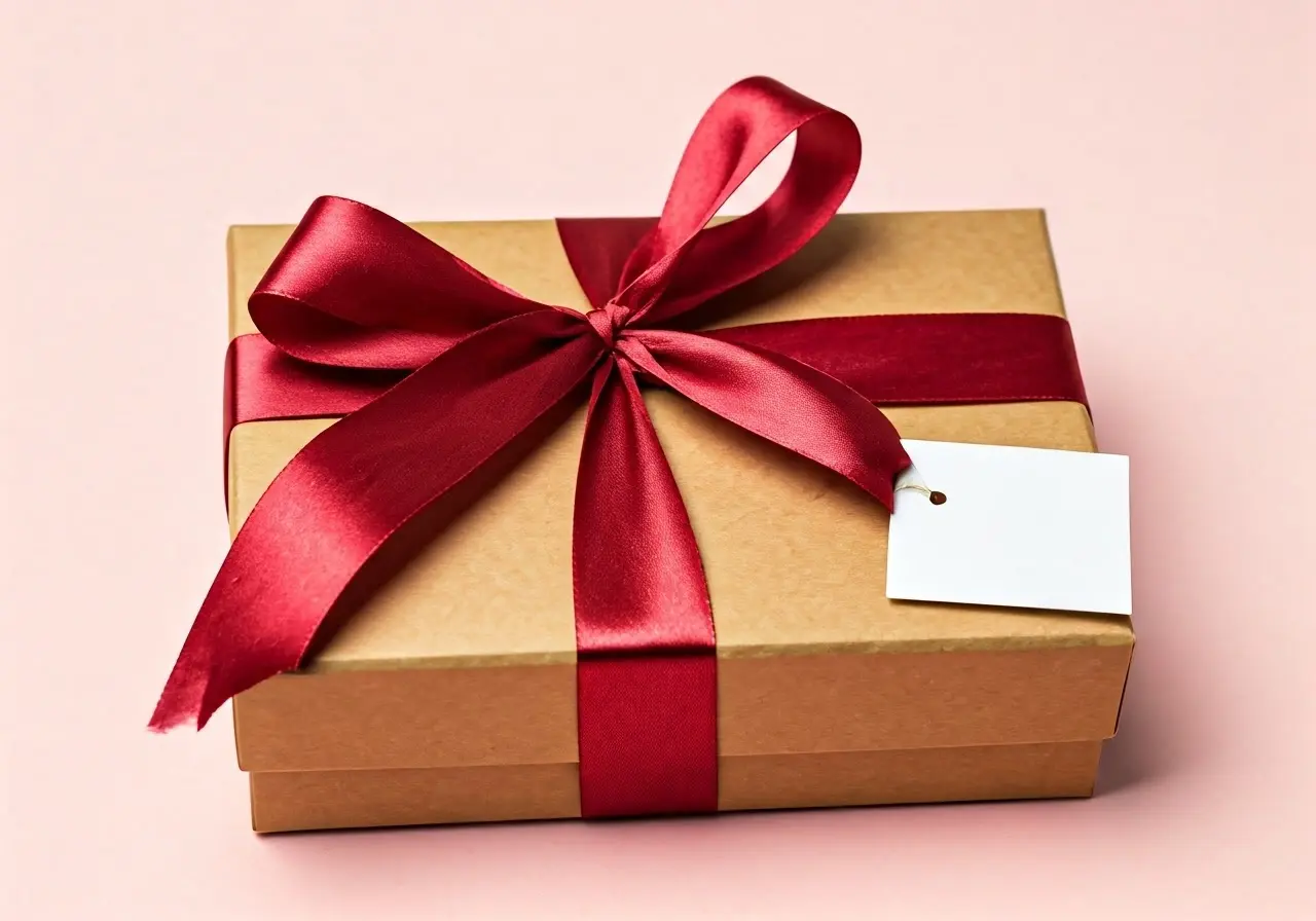 A beautifully wrapped gift box with elegant ribbons and labels. 35mm stock photo