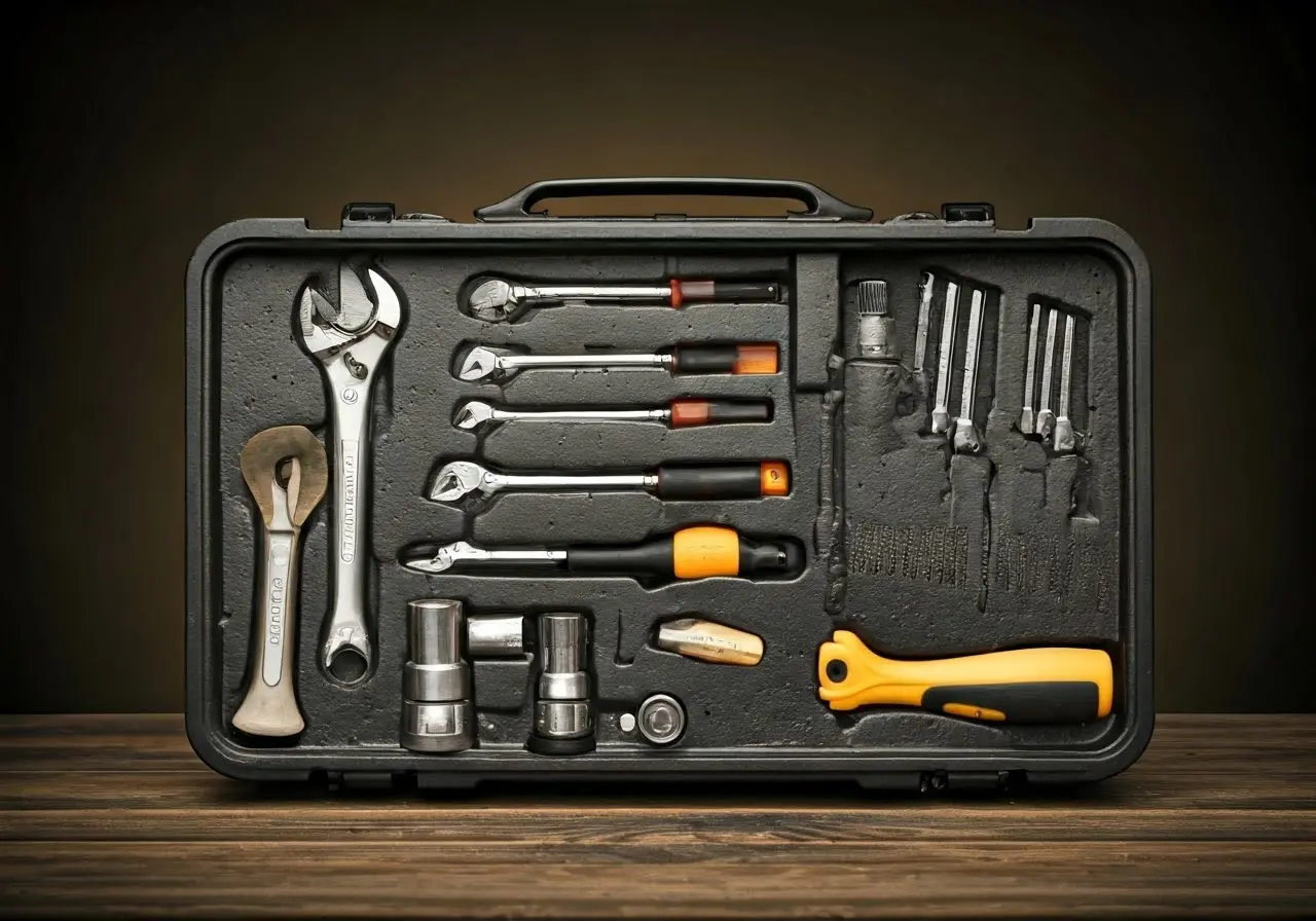 A well-organized toolbox with various tools neatly arranged. 35mm stock photo