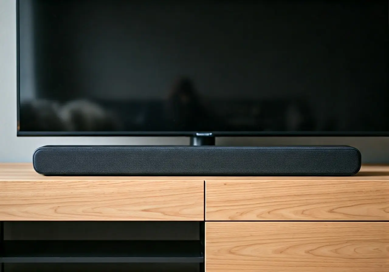 A sleek soundbar on a modern living room TV stand. 35mm stock photo