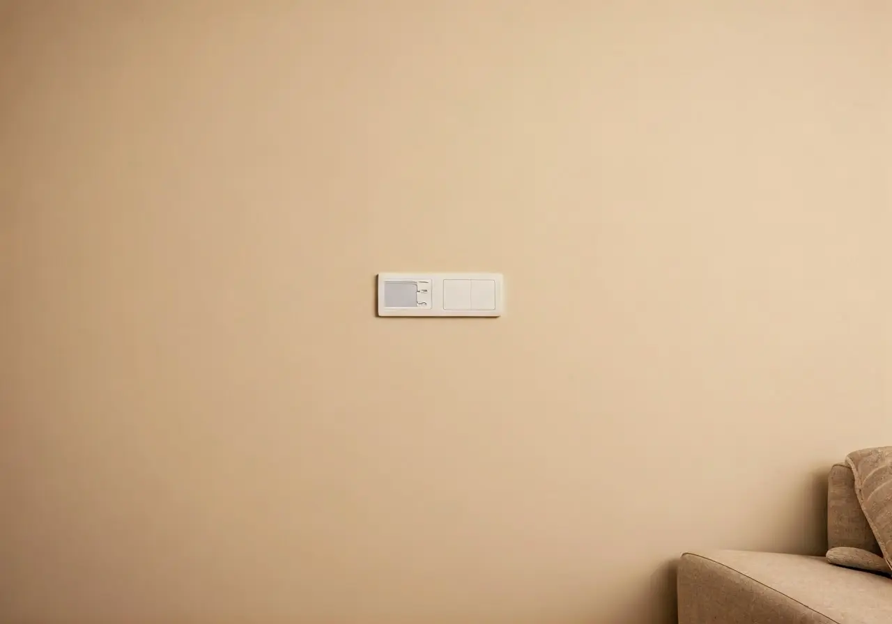 A cozy living room with a modern thermostat on the wall. 35mm stock photo