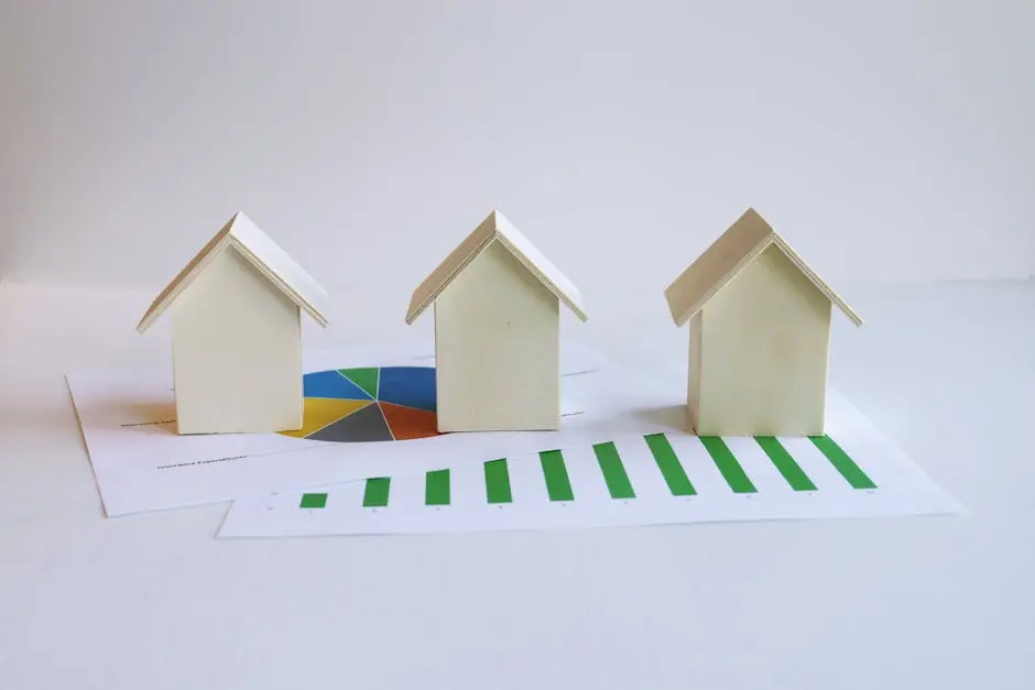 Wooden model houses on graphs depict real estate market analysis and trends.