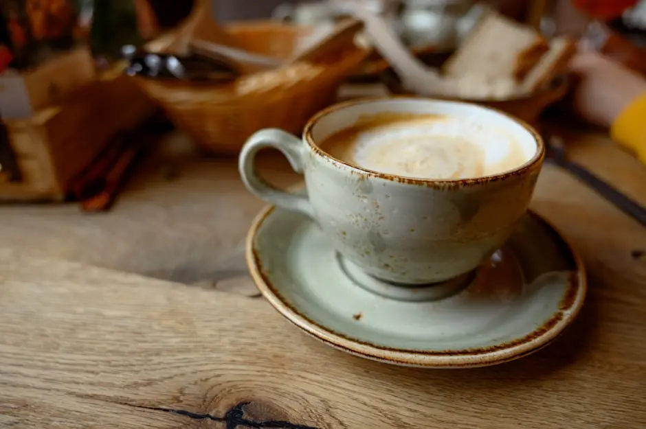 Enjoy a warm cappuccino served in a rustic ceramic cup on a wooden table, perfect for cozy moments.