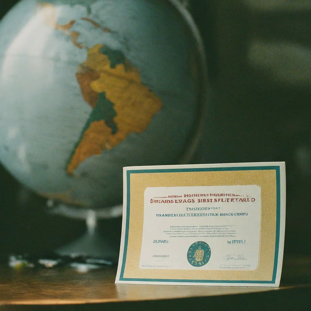 A stack of international education certificates with a globe in the background. 35mm stock photo