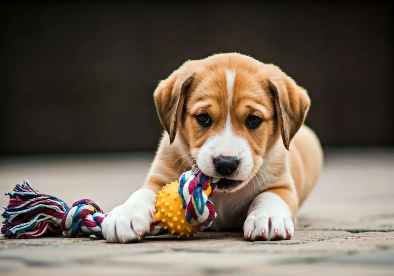 Puppy chewing on a brightly colored rubber toy. 35mm stock photo