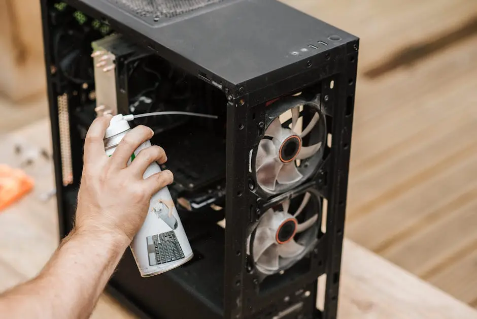 A person using compressed air to clean a computer case, focusing on dust removal.