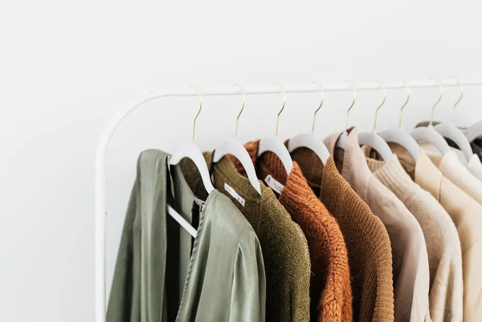 A minimalist display of colorful sweaters and shirts on white hangers.