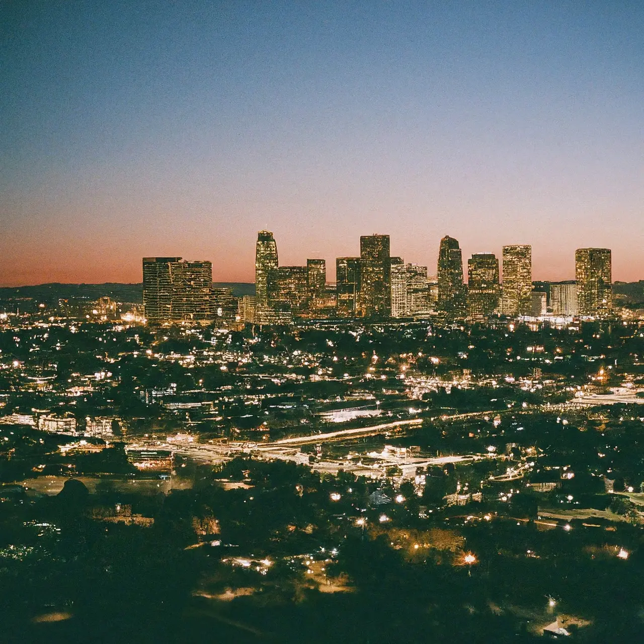 Orange County skyline with digital network overlay. 35mm stock photo