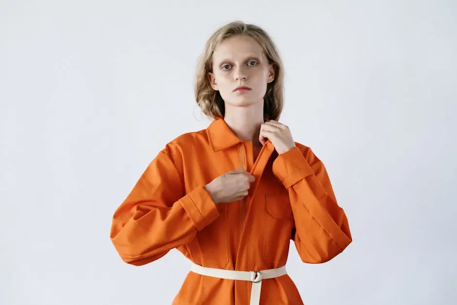 A woman poses confidently wearing a vibrant orange jumpsuit against a neutral background.