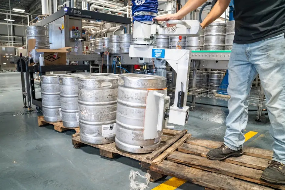 Man Operating Silver Machine for Silver Steel Kegs