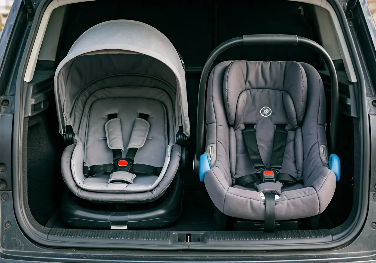 A car seat and baby stroller packed in a spacious trunk. 35mm stock photo