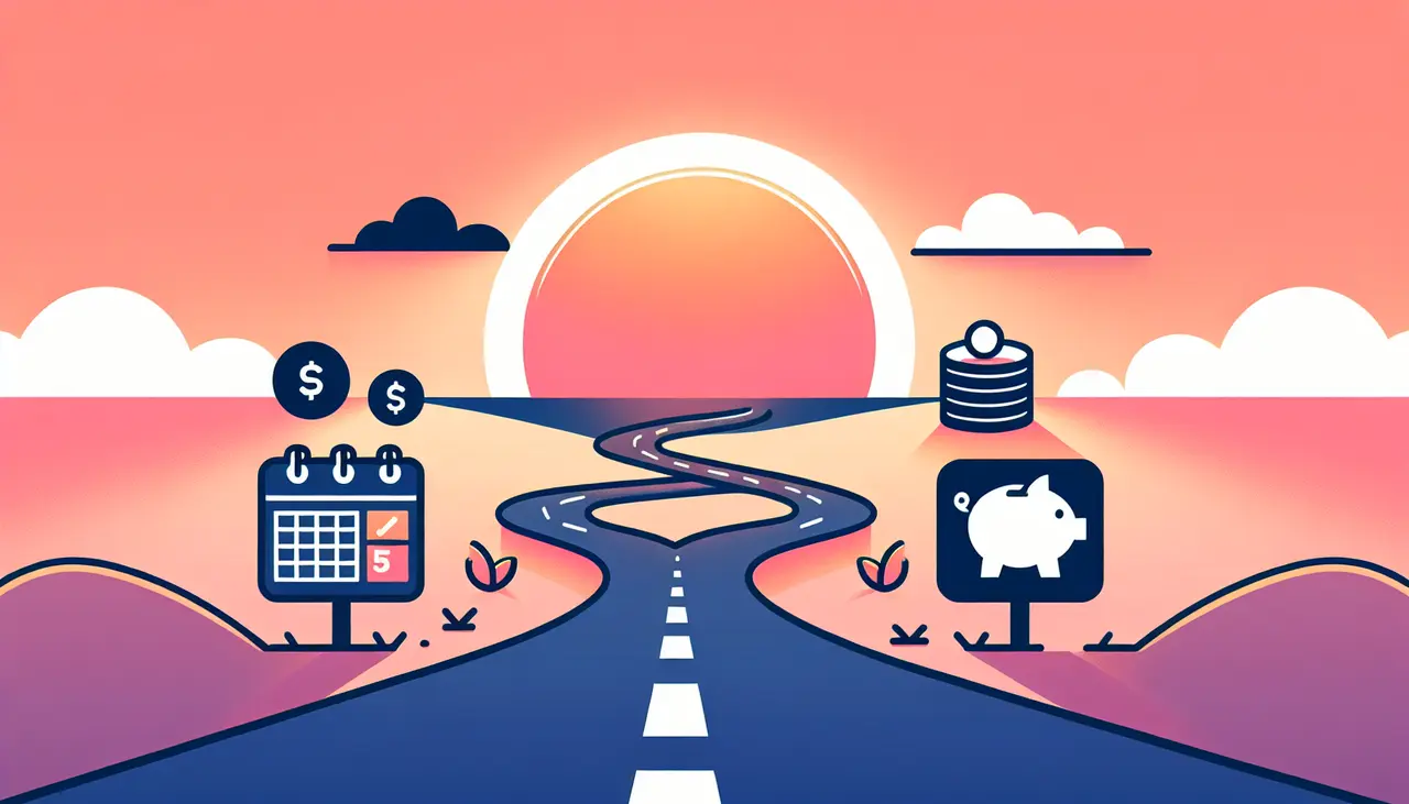 Draw a graphic in flat design style. Design an image of a smooth, winding road leading towards a sunset, with icons of money, a piggy bank, and a calendar along the path.