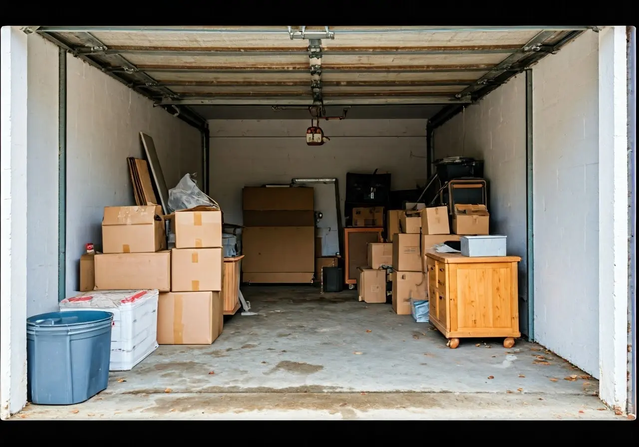 A cluttered garage with boxes, old furniture, and junk. 35mm stock photo