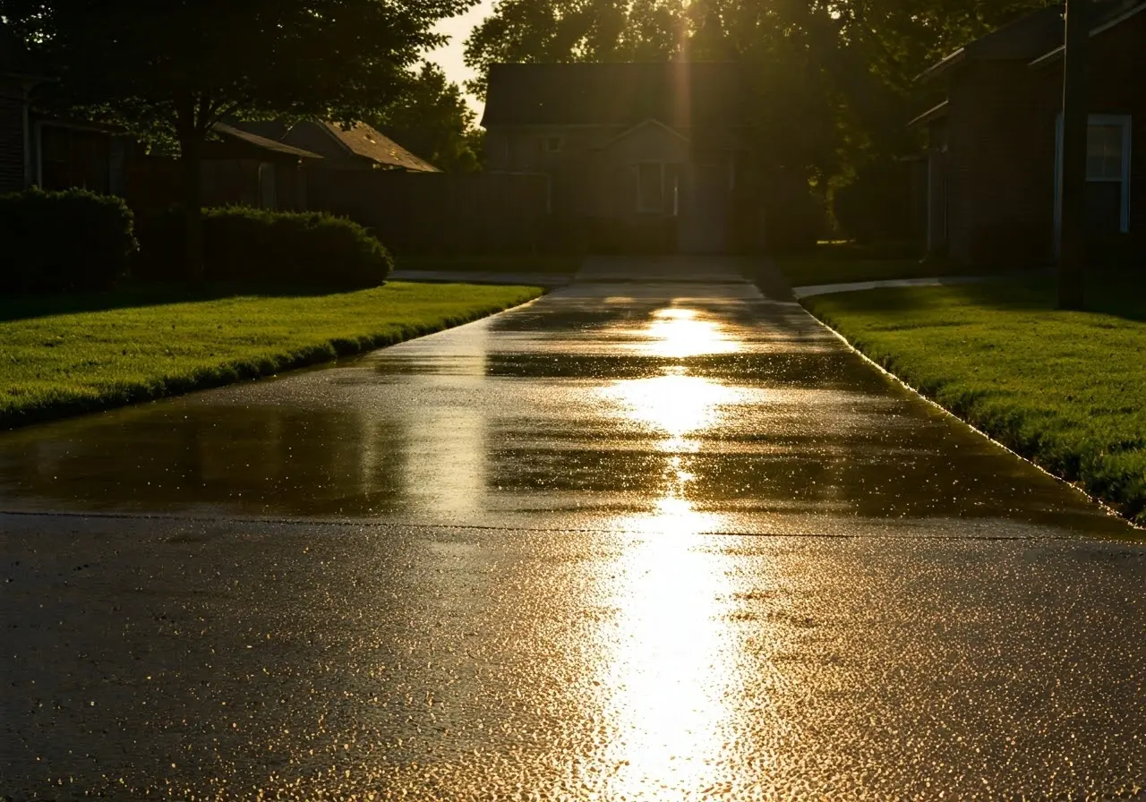 A glistening driveway after a pressure wash, reflecting sunlight. 35mm stock photo